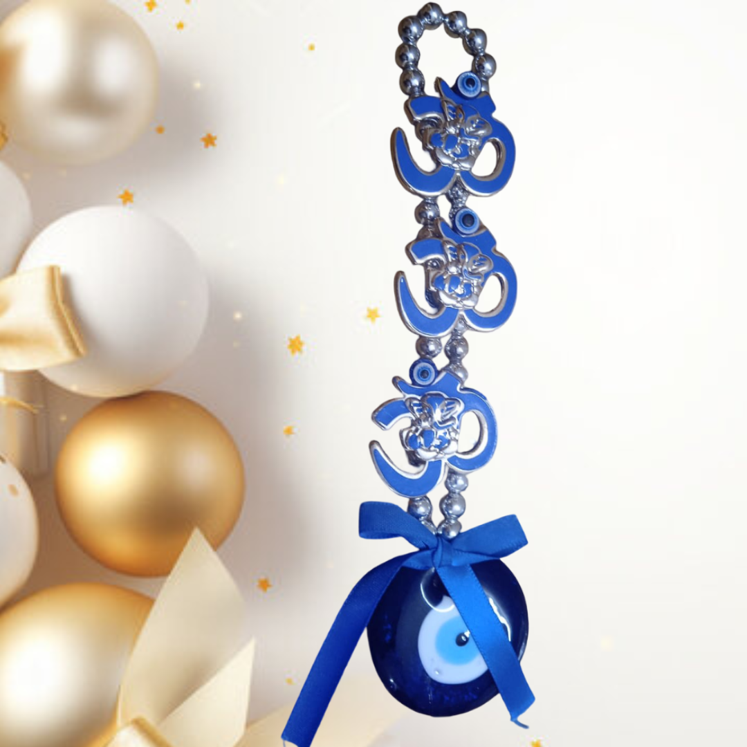 Turkish Evil Eye Wall Hanging, Blue Om Symbol Decoration, Metal Beaded Chain with Ribbon