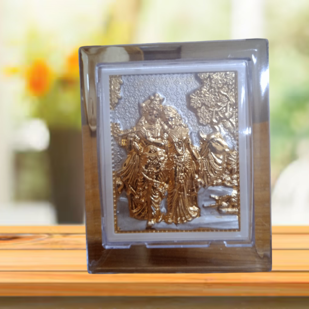 God Radha Krishna Metal Wall Art, Gold Finish, Framed Religious Decor, Hindu Deity Theme