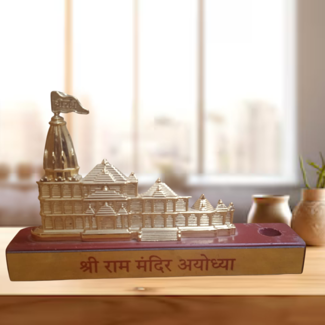 Ram Mandir Ayodhya Pen Stand with Temple Replica, Golden Metal Decorative Desk Organiser Caddy, Religious Display with Hindi Inscription