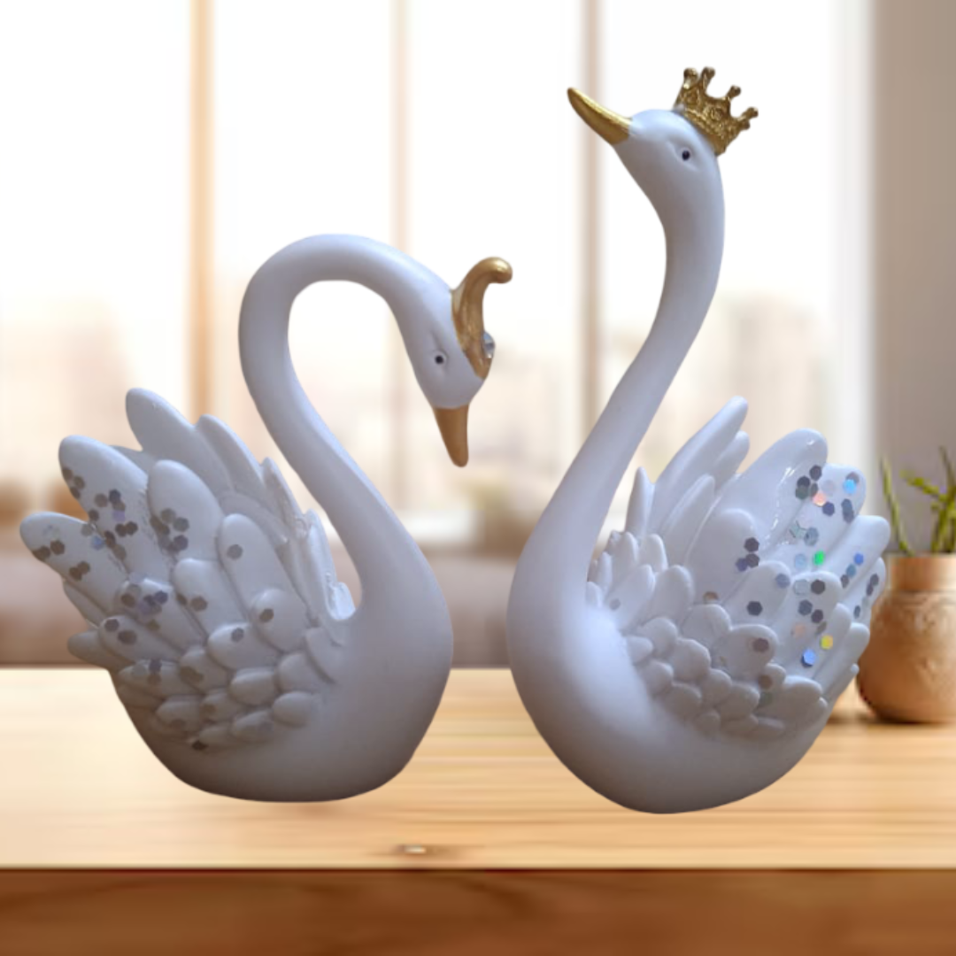 Decorative Swan Figurines, White with Gold Crown, Set of 2, Home Decor Ornaments