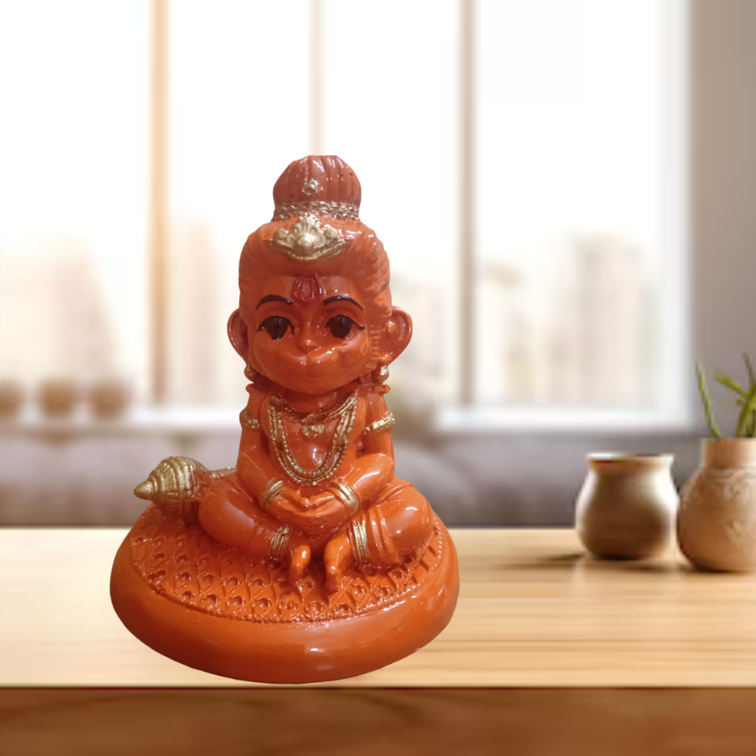 Hanuman Idol Figurine, Orange, Resin, Decorative Statue, Hindu Religious Theme