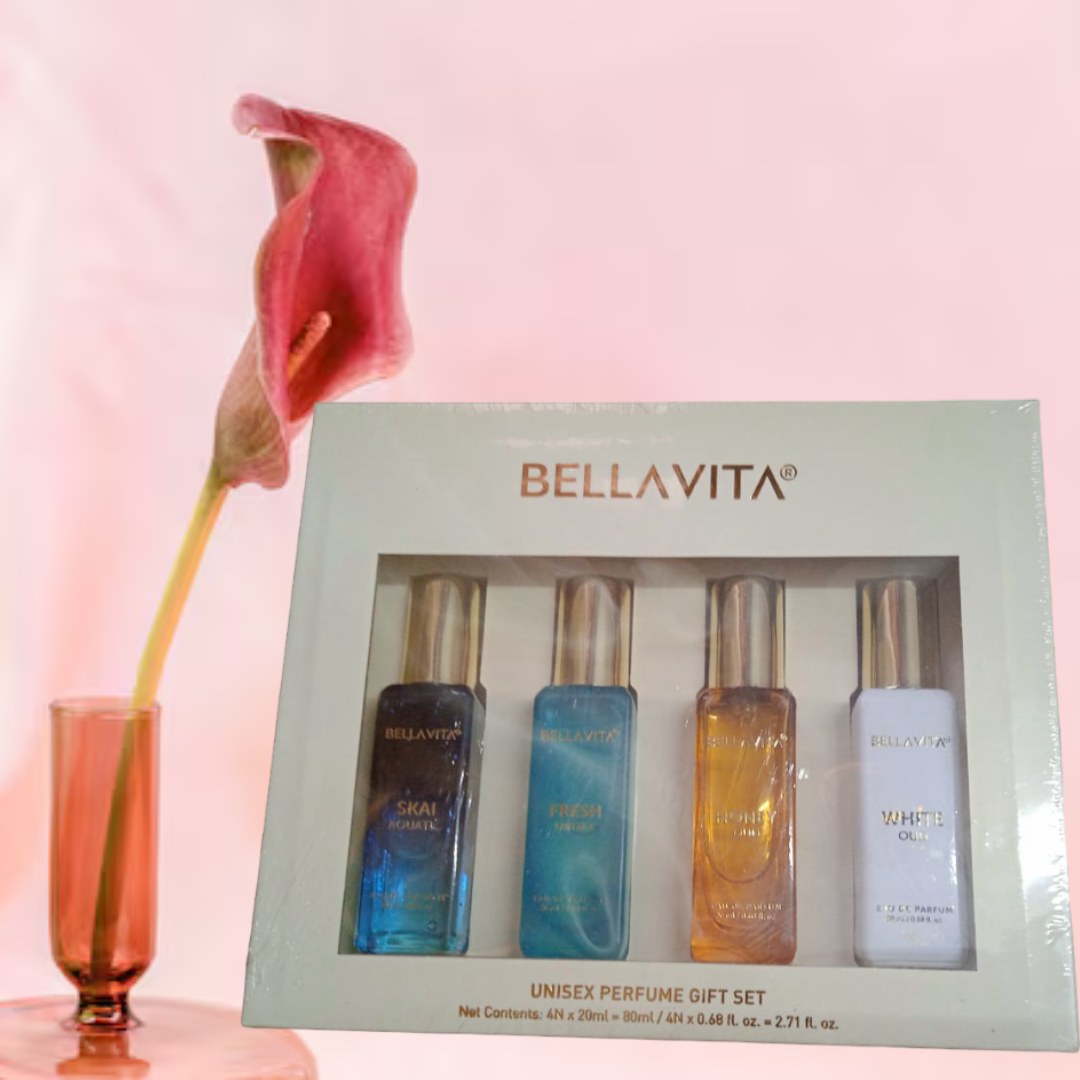 Bella Vita Luxury Long Lasting Unisex Perfume Gift Set | 4x20ml Perfume for Man & Woman | Ideal Gifts for Men, Women, Christmas, Secret Santa, Work, New Year | SKAI, FRESH, WHITEOUD, HONEY OUD