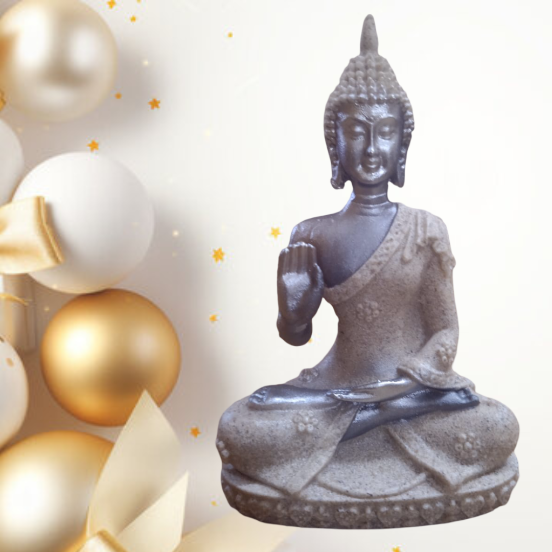 Buddha Statue, Sitting Meditation Pose, Grey Stone Finish, Decorative Figurine, Spiritual Home Decor