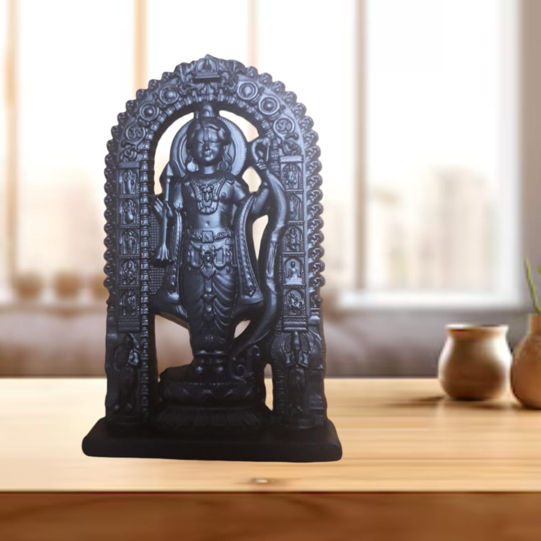 Lord Ram Lala Ayodhya Idol, Black Metal Finish, Decorative Hindu Deity Statue with Ornate Arch, Car Dashboard Placement