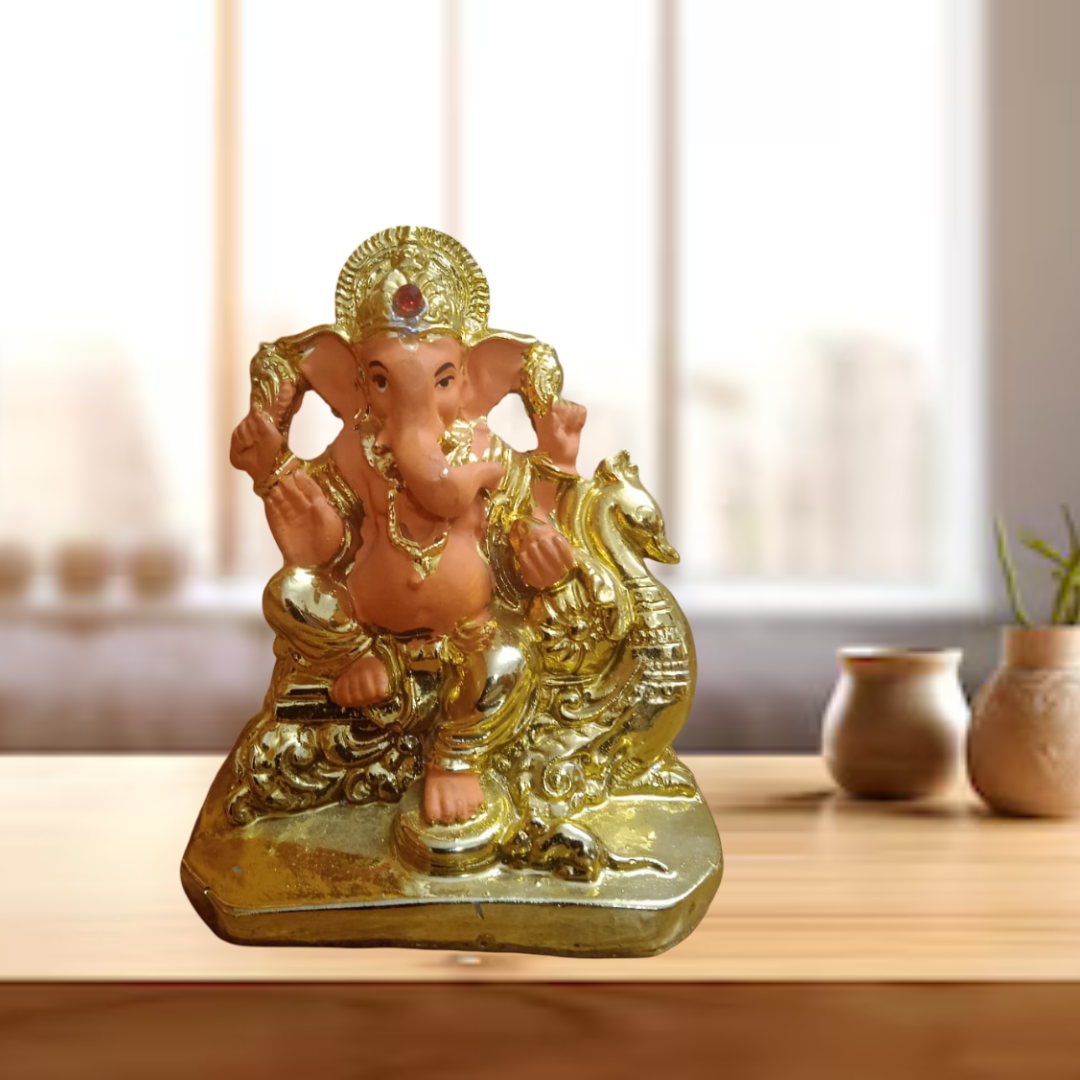 Ganesha Idol Statue, Gold and Terracotta, Decorative Figurine, Peacock Design, Hindu God Sculpture